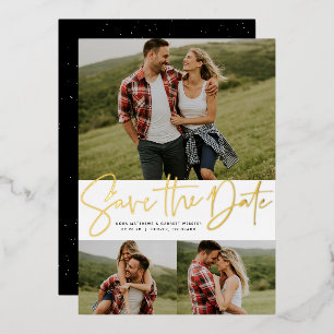 Modern script drie foto goud opslaan van de datum folie uitnodiging