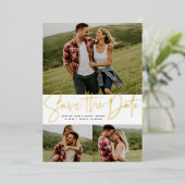 Modern script drie foto goud opslaan van de datum folie uitnodiging (Staand Voorkant)