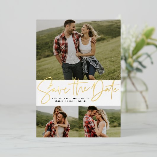 Modern script drie foto goud opslaan van de datum folie uitnodiging (Staand Voorkant)