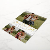 Modern script drie foto goud opslaan van de datum folie uitnodiging (Gedraaid)