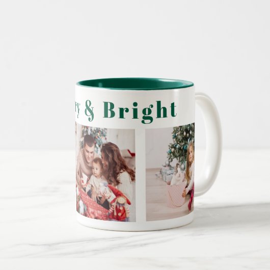 Modern Script Drie foto groen Merry & Bright Tweekleurige Koffiemok (Voorkant rechts)