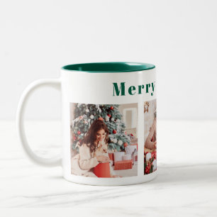 Modern Script Drie foto groen Merry & Bright Tweekleurige Koffiemok