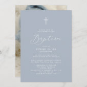 Modern Script Dusty Blue Baby Foto Doop Kaart (Voorkant / Achterkant)