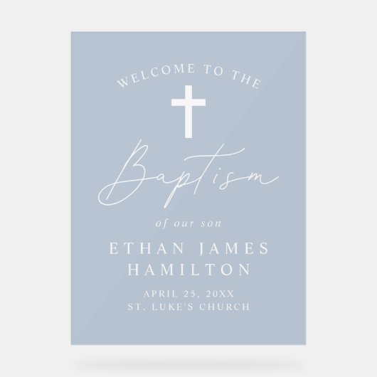 Modern Script Dusty Blue Baptism Welkom Acryl Bord (Voorkant)