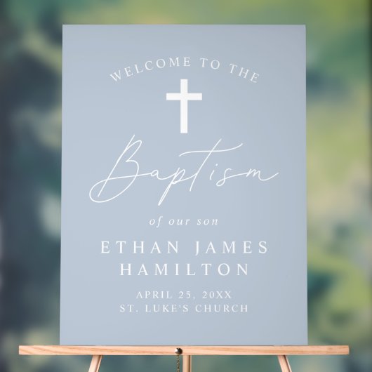 Modern Script Dusty Blue Baptism Welkom Acryl Bord (Neutraal)