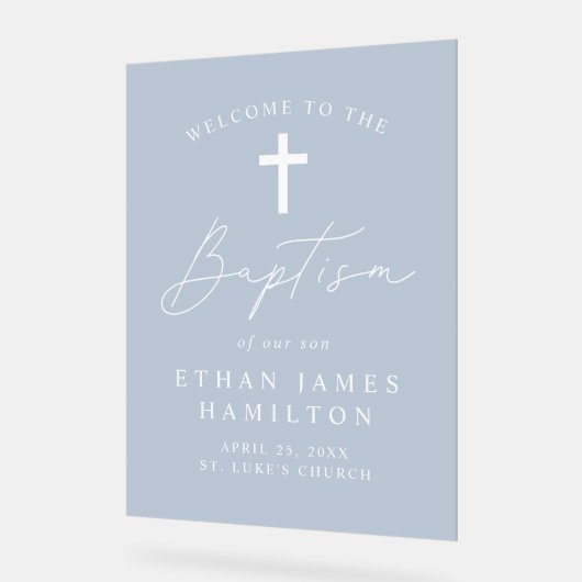 Modern Script Dusty Blue Baptism Welkom Acryl Bord (Hoek)