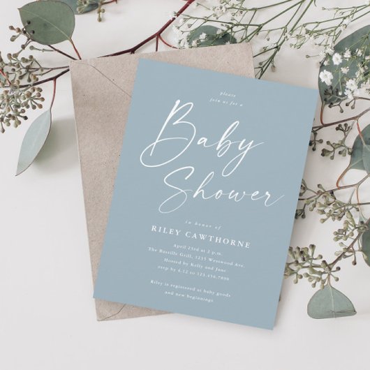 Modern Script Dusty Blue Boy Baby shower Kaart