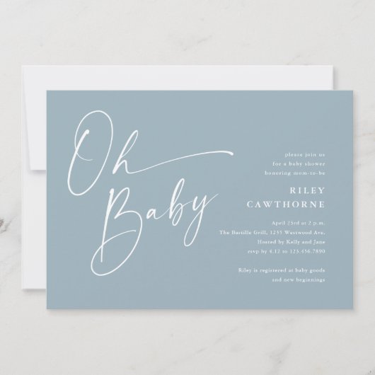 Modern Script Dusty Blue Boy Oh Baby shower Kaart (Voorkant)