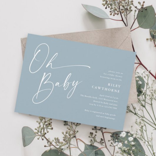 Modern Script Dusty Blue Boy Oh Baby shower Kaart