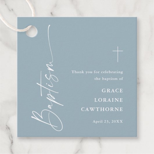 Modern Script Dusty Blue Boys Baptism Bedankt Bedankjes Labels (Voorkant)