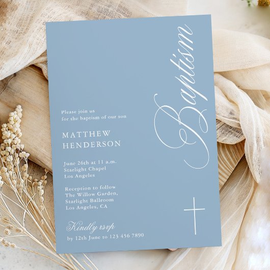 Modern Script Dusty Blue Boys Baptism Invi Kaart