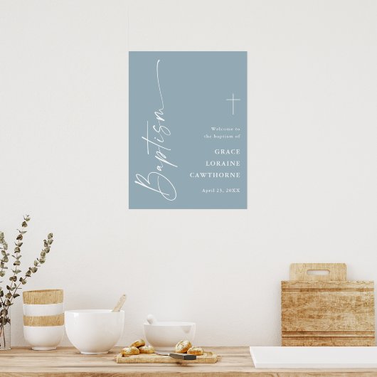 Modern Script Dusty Blue Boys Baptism Welkom Poster (Keuken)