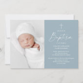 Modern Script Dusty Blue Boys Fotodoop Kaart (Voorkant)