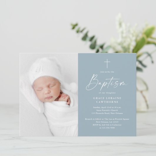 Modern Script Dusty Blue Boys Fotodoop Kaart (Staand voorkant)