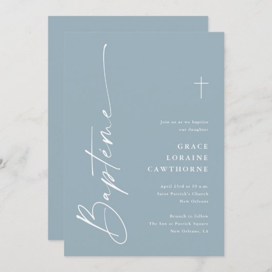 Modern Script Dusty Blue Boys Frans Bapteme Kaart (Voorkant / Achterkant)