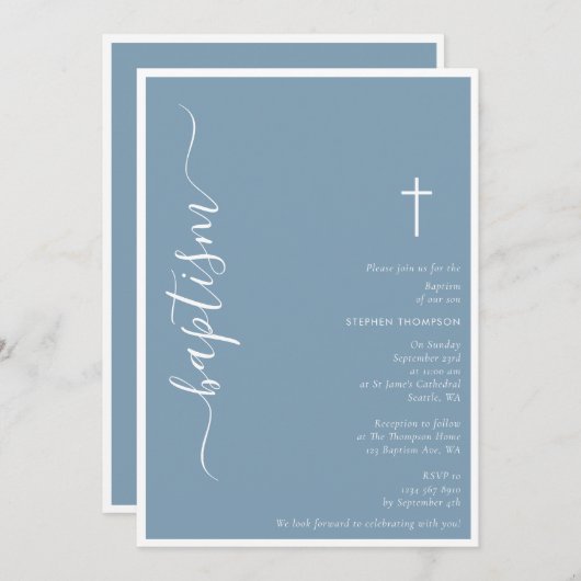 Modern Script Dusty Blue Christening Baptism Kaart (Voorkant / Achterkant)