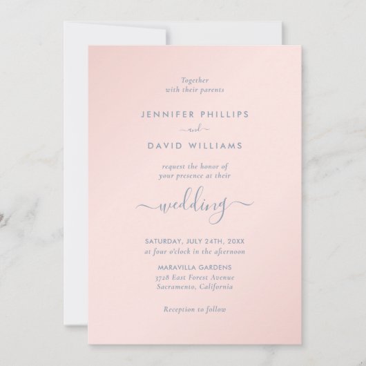 Modern Script Dusty Blue en Blush Wedding Kaart (Voorkant)
