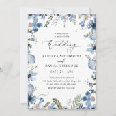 Modern Script Dusty Blue Flowers Wedding Kaart (Voorkant)