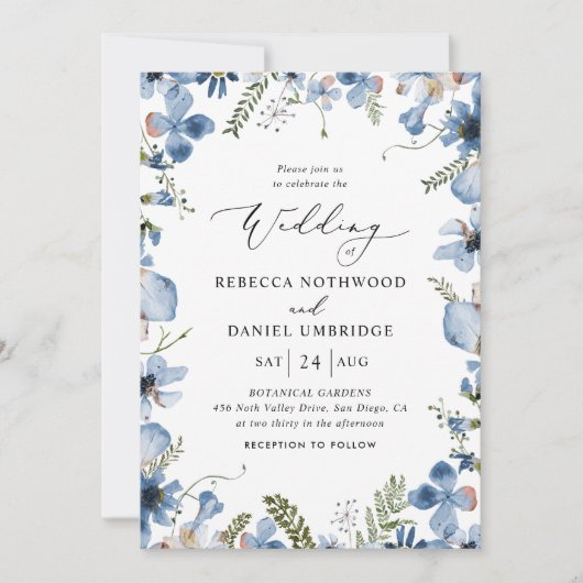 Modern Script Dusty Blue Flowers Wedding Kaart (Voorkant)
