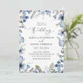 Modern Script Dusty Blue Flowers Wedding Kaart (Staand voorkant)