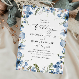Modern Script Dusty Blue Flowers Wedding Kaart