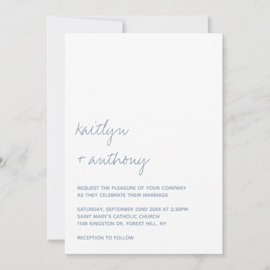 Modern Script Dusty Blue Minimalistic Wedding Kaart (Voorkant)