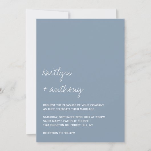 Modern Script Dusty Blue Minimalistic Wedding Kaart (Voorkant)