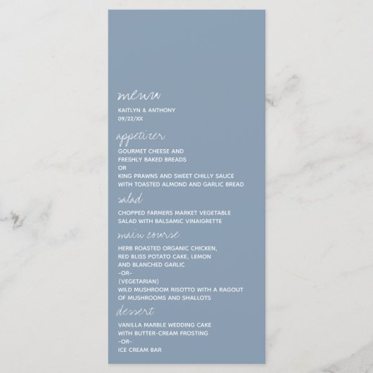 Modern Script Dusty Blue Minimalistic Wedding Menu (Voorkant)