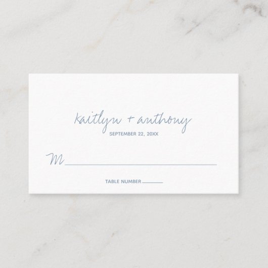 Modern Script Dusty Blue Minimalistic Wedding Plaatskaartje (Voorkant)