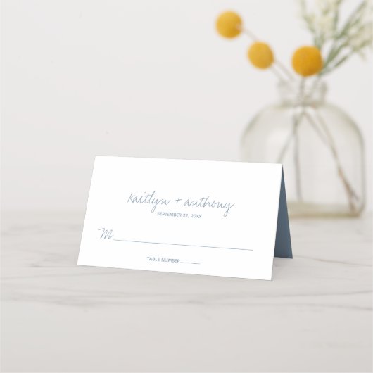 Modern Script Dusty Blue Minimalistic Wedding Plaatskaartje (Voorkant)