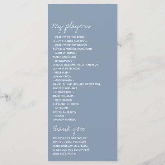 Modern Script Dusty Blue Minimalistic Wedding Programmakaart (Achterkant)