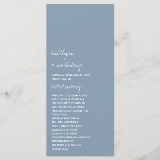 Modern Script Dusty Blue Minimalistic Wedding Programmakaart (Voorkant)