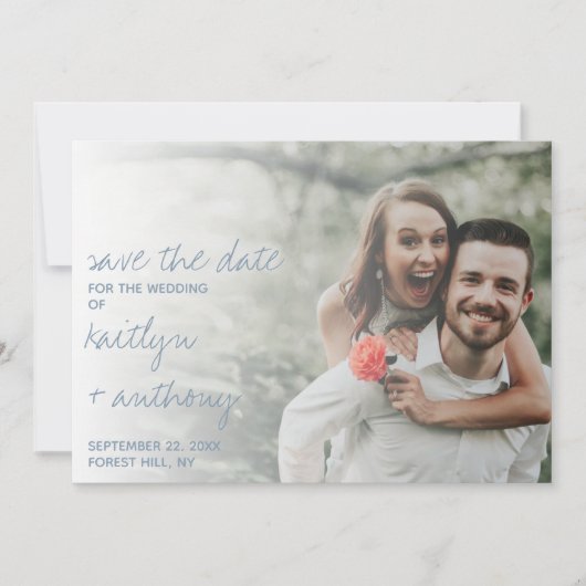 Modern Script Dusty Blue Minimalistic Wedding Save The Date (Voorkant)