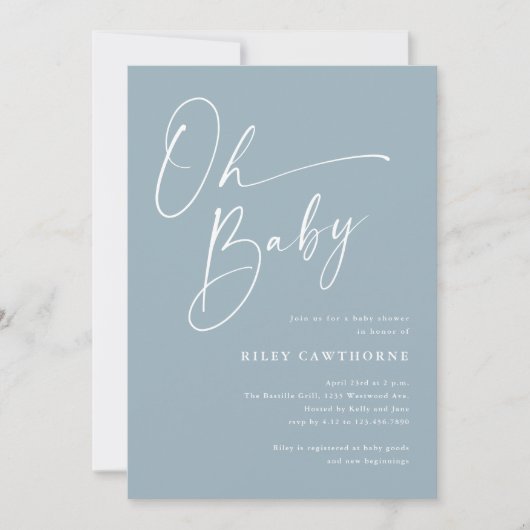 Modern Script Dusty Blue OH Baby shower Kaart (Voorkant)