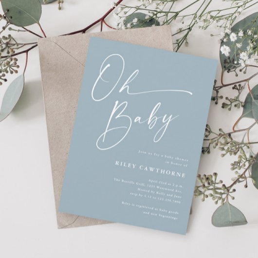 Modern Script Dusty Blue OH Baby shower Kaart