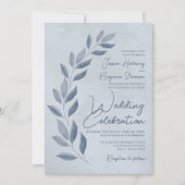 Modern Script Dusty Blue & Pewter Leaves Wedding Kaart (Voorkant)