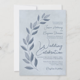 Modern Script Dusty Blue & Pewter Leaves Wedding Kaart