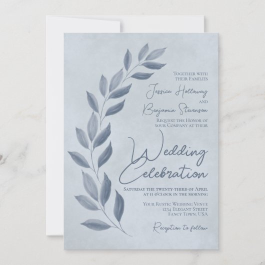 Modern Script Dusty Blue & Pewter Leaves Wedding Kaart (Voorkant)