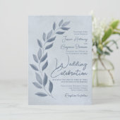 Modern Script Dusty Blue & Pewter Leaves Wedding Kaart (Staand voorkant)