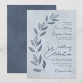 Modern Script Dusty Blue & Pewter Leaves Wedding Kaart (Voorkant / Achterkant)