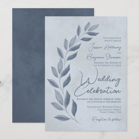 Modern Script Dusty Blue & Pewter Leaves Wedding Kaart (Voorkant / Achterkant)