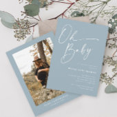Modern Script Dusty Blue Photo Baby shower Kaart
