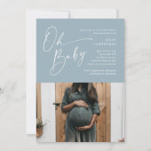 Modern Script Dusty Blue Photo Boy Baby shower Kaart (Voorkant)