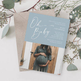 Modern Script Dusty Blue Photo Boy Baby shower Kaart