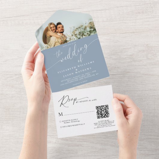 Modern Script Dusty Blue Photo QR Code Wedding All In One Uitnodiging (Afscheurbaar)