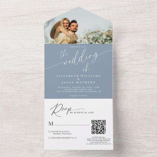 Modern Script Dusty Blue Photo QR Code Wedding All In One Uitnodiging (Binnen)