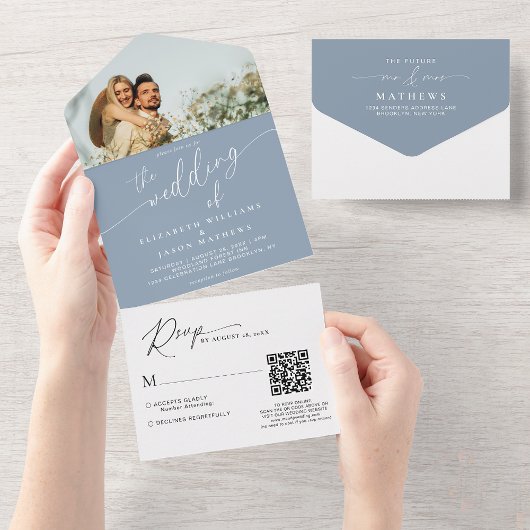Modern Script Dusty Blue Photo QR Code Wedding All In One Uitnodiging