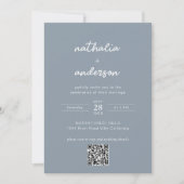 Modern Script Dusty Blue Photo QR Code Wedding Kaart (Voorkant)