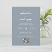 Modern Script Dusty Blue Photo QR Code Wedding Kaart (Staand voorkant)