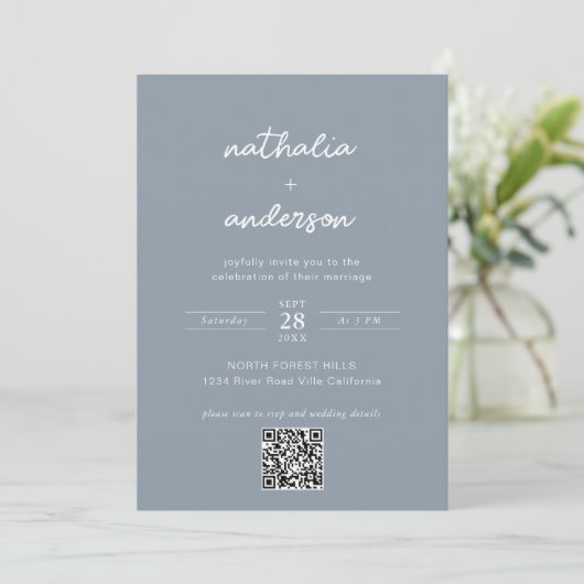 Modern Script Dusty Blue Photo QR Code Wedding Kaart (Staand voorkant)